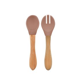Oioi Woody Brown Bambu Saplı Silikon Mama Kaşığı ve Çatal
