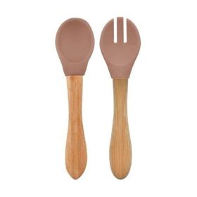 Oioi Woody Brown Bambu Saplı Silikon Mama Kaşığı ve Çatal