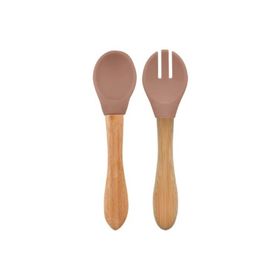 Oioi Woody Brown Bambu Saplı Silikon Mama Kaşığı ve Çatal