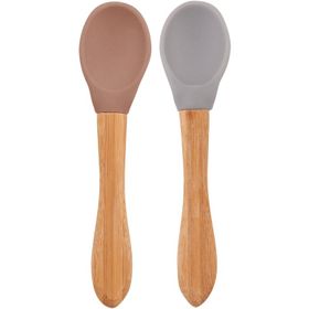 Oioi Woody Brown-Powder Grey Bambu Saplı Silikon 2'li Mama Kaşığı