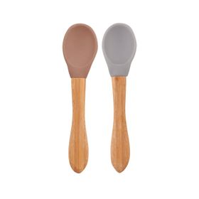 Oioi Woody Brown-Powder Grey Bambu Saplı Silikon 2'li Mama Kaşığı