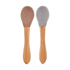 Oioi Woody Brown-Powder Grey Bambu Saplı Silikon 2'li Mama Kaşığı