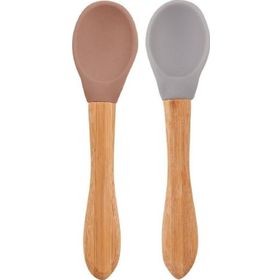 Oioi Woody Brown-Powder Grey Bambu Saplı Silikon 2'li Mama Kaşığı