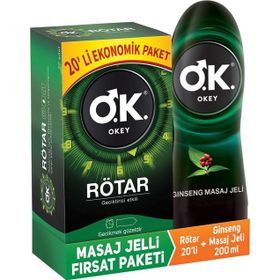 Okey Rötar Geciktiricili 20'li Prezervatif + 200 ml Ginseng Masaj Jeli