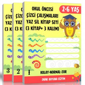Okul Öncesi Çizgi Calışmaları 3 Kitap + 3 Silinebilir Kalem Enine Boyuna Eğitim