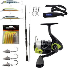 Okuma Wave Power 8'0 2.44 cm 15-40 gr 2 Parça Spin Kamışı + Okuma Fin Chaser X FNX-40NG Blue 1BB Olta Makinesi Spin Olta Seti