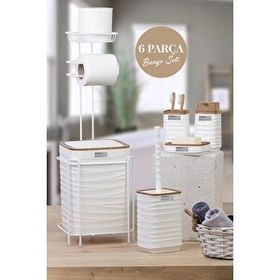Okyanus Home Beyaz Ahşap Desenli Luna Kare Yedekli Wc Kağıtlık ve 6 Parça Banyo Seti