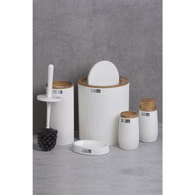 Okyanus Home Çizgili Yuvarlak 5’li Ahşap Beyaz Banyo Seti