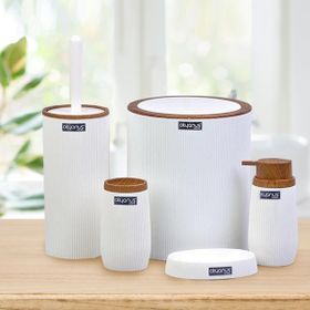Okyanus Home Çizgili Yuvarlak 5’li Ahşap Beyaz Banyo Seti