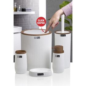 Okyanus Home Çizgili Yuvarlak 5’li Ahşap Beyaz Banyo Seti