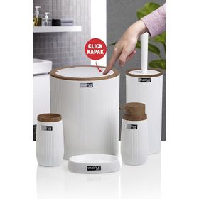 Okyanus Home Çizgili Yuvarlak 5’li Ahşap Beyaz Banyo Seti