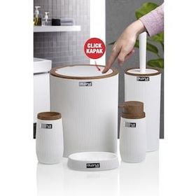 Okyanus Home Çizgili Yuvarlak 5’li Ahşap Beyaz Banyo Seti