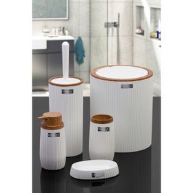 Okyanus Home Çizgili Yuvarlak 5’li Ahşap Beyaz Banyo Seti