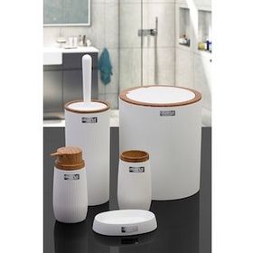 Okyanus Home Çizgili Yuvarlak 5’li Ahşap Beyaz Banyo Seti