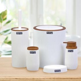 Okyanus Home Çizgili Yuvarlak 5’li Ahşap Beyaz Banyo Seti