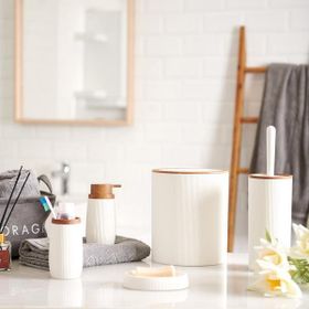 Okyanus Home Çizgili Yuvarlak 5’li Ahşap Beyaz Banyo Seti