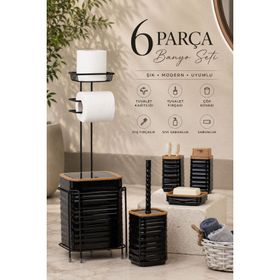 Okyanus Home Siyah Ahşap Desenli Luna Kare Yedekli Wc Kağıtlık ve 6 Parça Banyo Seti