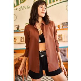 Olalook 19000996 Kadın Acı Kahve Basic Dokuma Poplin Gömlek