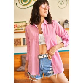 Olalook 19000996 Kadın Şeker Pembe Basic Dokuma Poplin Gömlek