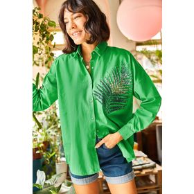 Olalook 19001016 Kadın Çimen Yeşili Palmiye Pul Detaylı Oversize Dokuma Poplin Gömlek
