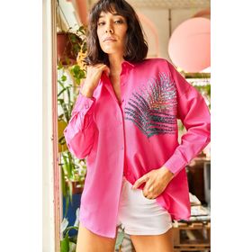 Olalook 19001016 Kadın Fuşya Palmiye Pul Detaylı Oversize Dokuma Poplin Gömlek
