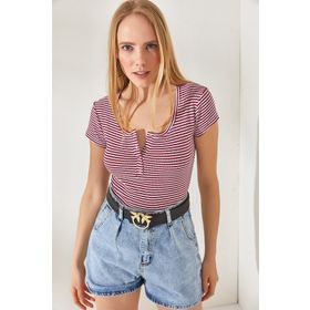 Olalook BLZ-19000171 Kadın Çizgili Bordo Çıtçıtlı Kaşkorse Bluz