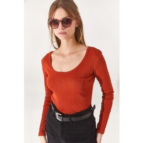 Olalook BLZ-19000722 Kadın Kiremit Geniş Yakalı Kaşkorse Bluz