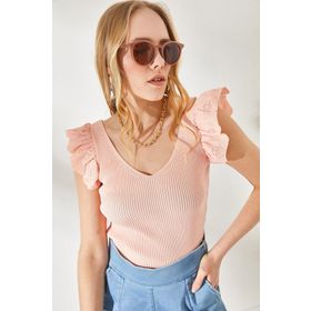 Olalook BLZ-19001097 Kadın Pudra Ön Arka V Omuzu Fırfırlı Triko Bluz