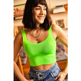 Olalook BLZ-19001363 Kadın Neon Yeşil Askılı Eteği Detaylı Triko Bluz