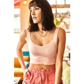 Olalook BLZ-19001363 Kadın Pudra Askılı Eteği Detaylı Triko Bluz