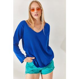 Olalook BLZ-19001586 Saks Mavi V Yaka Salaş Triko Bluz