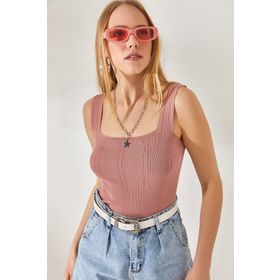 Olalook BLZ-19001872 Kadın Gül Kurusu Kare Yaka Fitilli Eteği Detaylı Crop Triko Bluz