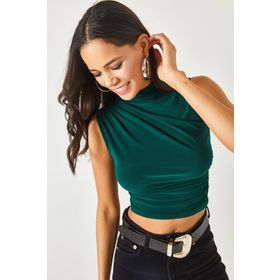 Olalook BLZ-19002165 Kadın Zümrüt Yeşili Dik Yaka Büzgü Detaylı Crop Bluz