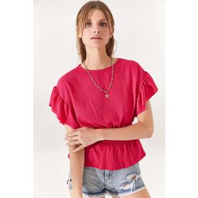 Olalook BLZ-19002201 Kadın Fuşya Beli Lastikli Kolu Fırfırlı Yarasa Bluz