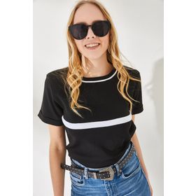 Olalook BLZ-19002209 Kadın Siyah Şeritli Bisiklet Yaka Triko Bluz
