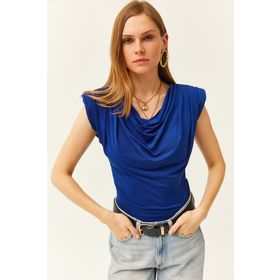 Olalook BLZ-19002217 Saks Mavi Vatkalı Degaje Yaka Kadın Bluz