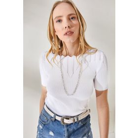 Olalook BLZ-19002226 Kadın Beyaz Yaka Ajurlu Triko Bluz