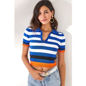 Olalook BLZ-19002236 Kadın Saks Mavi Polo Yaka Çizgili Crop Triko Bluz