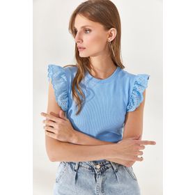 Olalook BLZ-19002254 Kadın Bebe Mavi Kolu Fistolu Likralı Pamuk Bluz