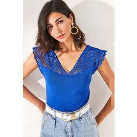 Olalook BLZ-1900231 Saks Mavi Kadın Triko Bluz