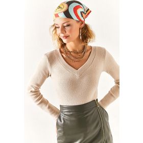 Olalook BLZ-19002387 Taş Kalın Bantlı V Yaka Şardonlu Kadın Bluz