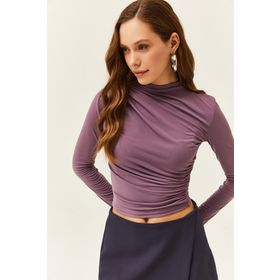 Olalook BLZ-19002426 Gül Kurusu Dik Yaka Büzgü Detaylı Likralı Kadın Bluz