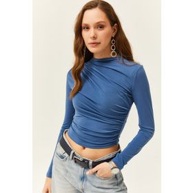 Olalook BLZ-19002426 İndigo Dik Yaka Büzgü Detaylı Kadın Bluz