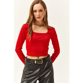 Olalook BLZ-19002429 Kırmızı Kare Yaka Basic Kadın Bluz