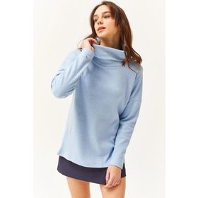 Olalook BLZ-19002480 Bebe Mavi Degaje Yaka Şardonlu Kadın Bluz