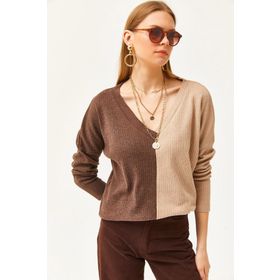 Olalook BLZ-19002519 Kahve Camel Bloklu Şardonlu Salaş Kadın Bluz