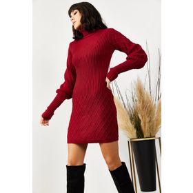 Olalook ELB-19001302 Kadın Bordo Kol ve Eteği Dokulu Triko Elbise