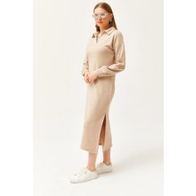 Olalook ELB-19002050 Polo Yaka Yırtmaçlı Şardonlu Midi Taş Rengi Elbise