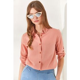 Olalook GML-19000825 Kadın Pudra Kol Katlamalı Keten Gömlek