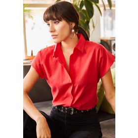 Olalook GML-19000831 Kadın Kırmızı Yarasa Keten Gömlek